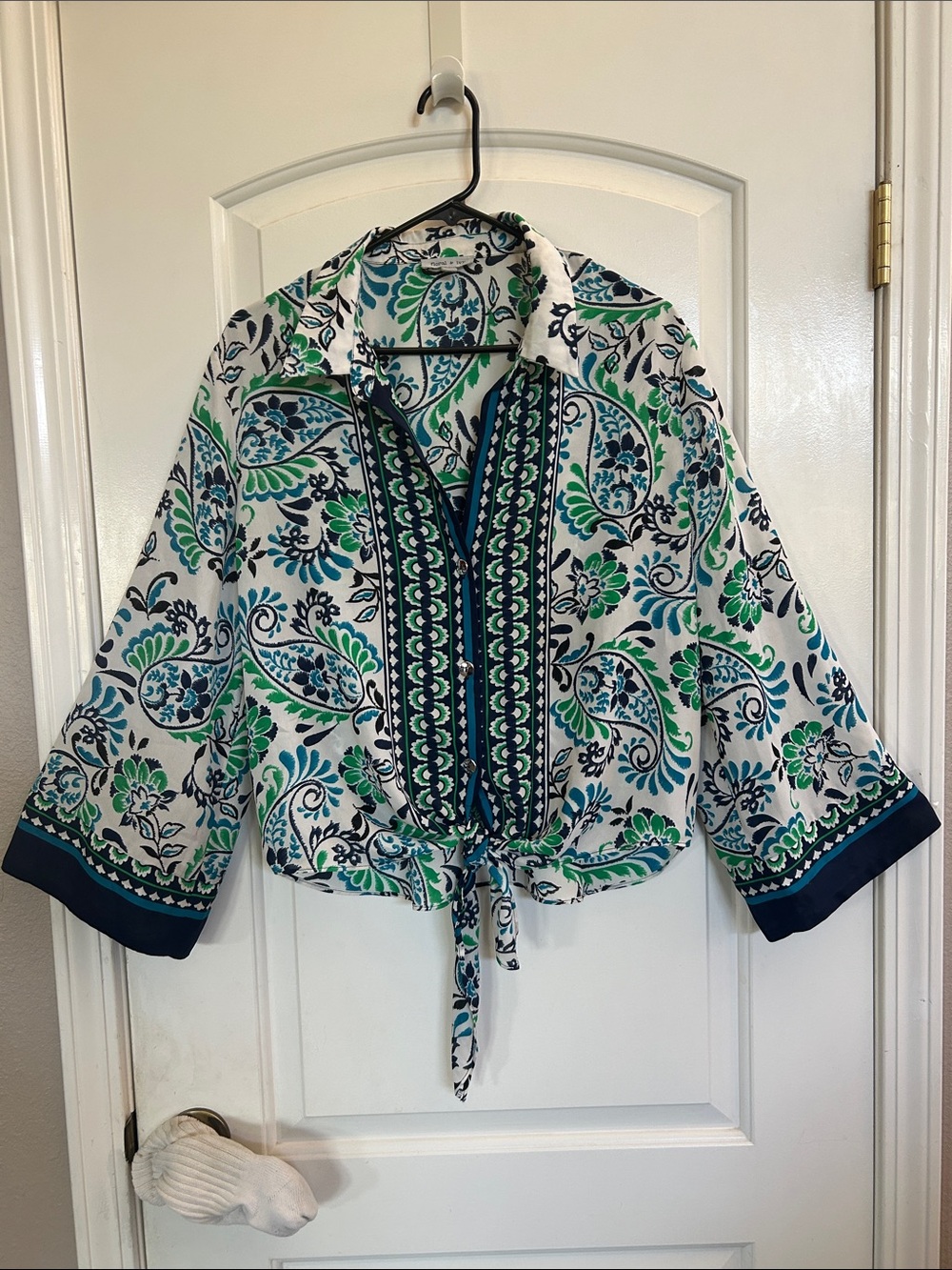 Classic Tie-Front Floral Print Blouse - Green & Blue-L